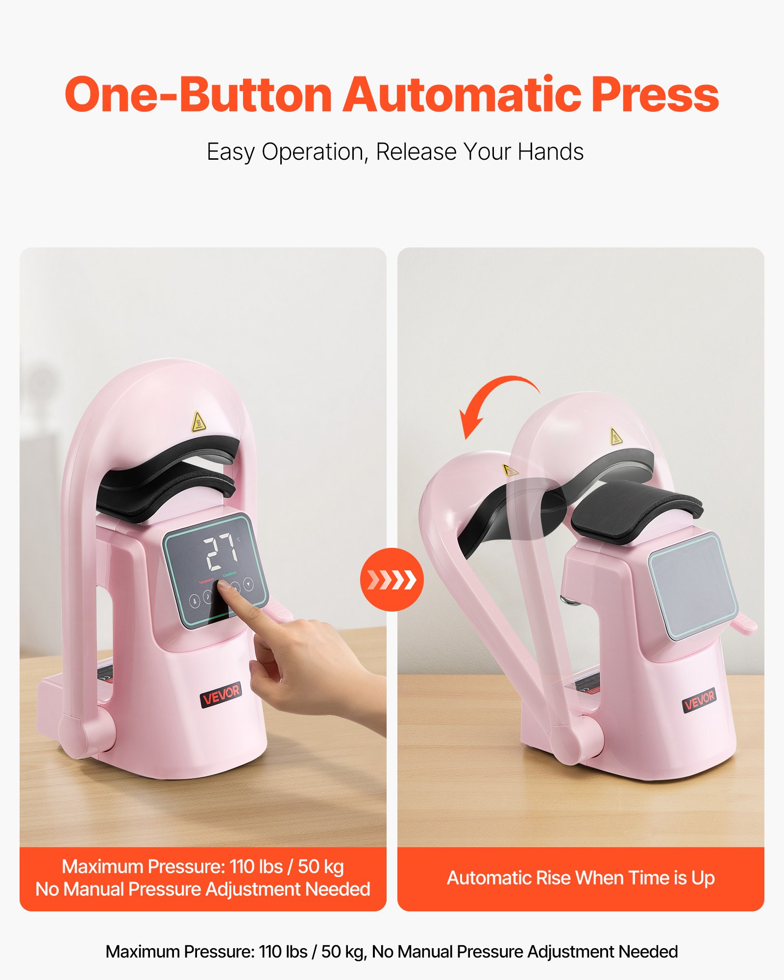 VEVOR Auto Hat Heat Press Machine, with 2pcs Interchangeable Platens, Automatic Open and Release, Touchscreen for Precise Time and Temperature Control, Heat Transfer Printing for Caps, Hats, Pink