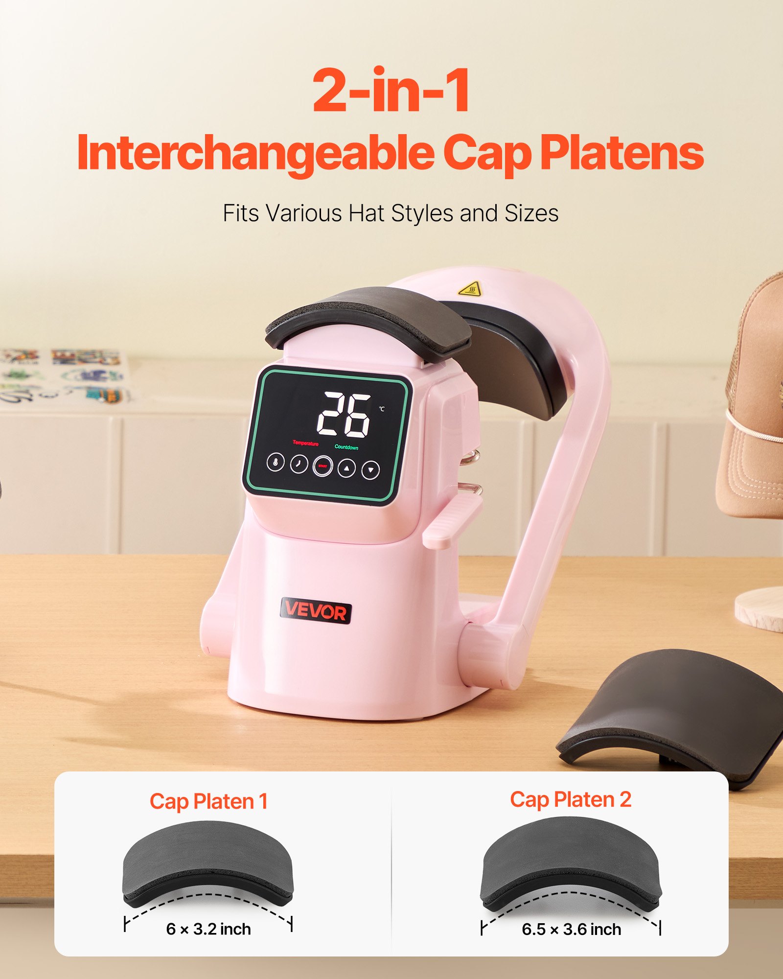 VEVOR Auto Hat Heat Press Machine, with 2pcs Interchangeable Platens, Automatic Open and Release, Touchscreen for Precise Time and Temperature Control, Heat Transfer Printing for Caps, Hats, Pink