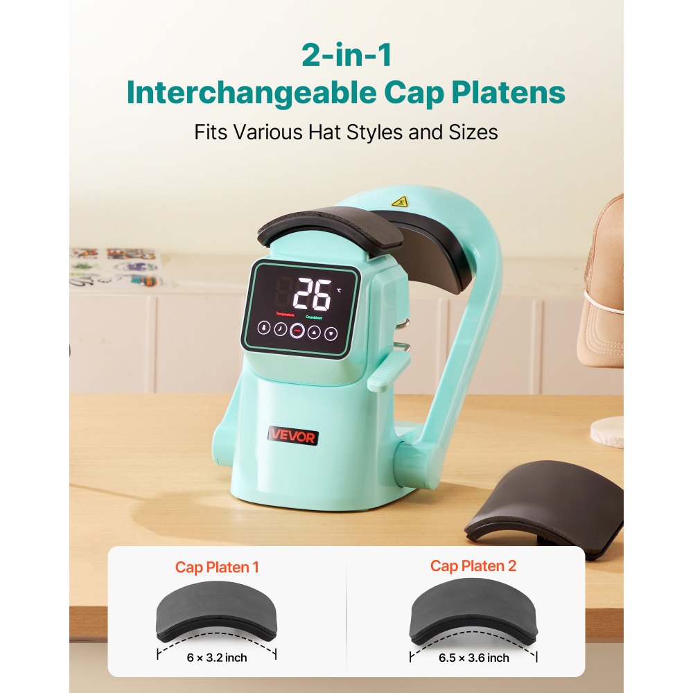 VEVOR Auto Hat Heat Press Machine, with 2pcs Interchangeable Platens, Automatic Open and Release, Touchscreen for Precise Time and Temperature Control, Heat Transfer Printing for Caps, Hats, Green