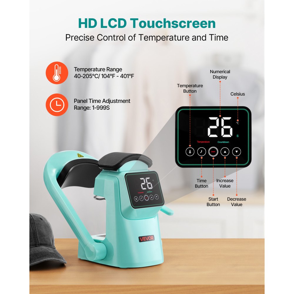 VEVOR Auto Hat Heat Press Machine, with 2pcs Interchangeable Platens, Automatic Open and Release, Touchscreen for Precise Time and Temperature Control, Heat Transfer Printing for Caps, Hats, Green