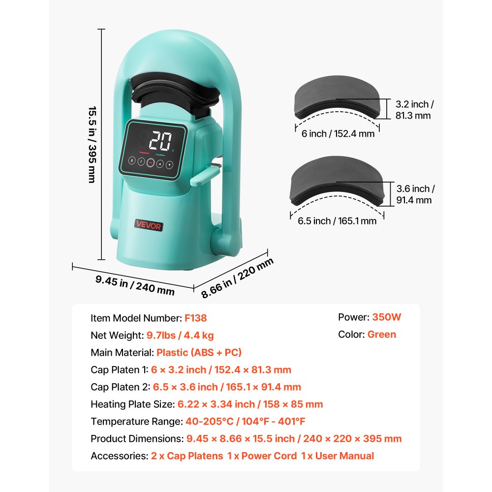 VEVOR Auto Hat Heat Press Machine, with 2pcs Interchangeable Platens, Automatic Open and Release, Touchscreen for Precise Time and Temperature Control, Heat Transfer Printing for Caps, Hats, Green