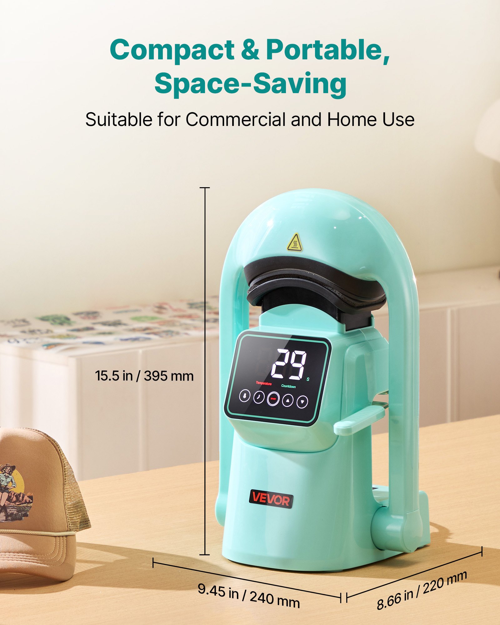VEVOR Auto Hat Heat Press Machine, with 2pcs Interchangeable Platens, Automatic Open and Release, Touchscreen for Precise Time and Temperature Control, Heat Transfer Printing for Caps, Hats, Green