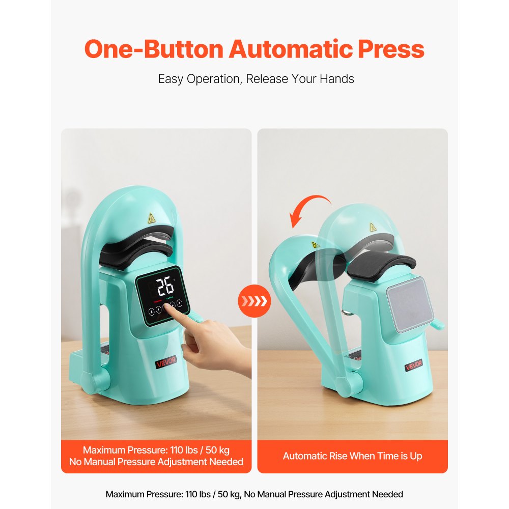 VEVOR Auto Hat Heat Press Machine, with 2pcs Interchangeable Platens, Automatic Open and Release, Touchscreen for Precise Time and Temperature Control, Heat Transfer Printing for Caps, Hats, Green