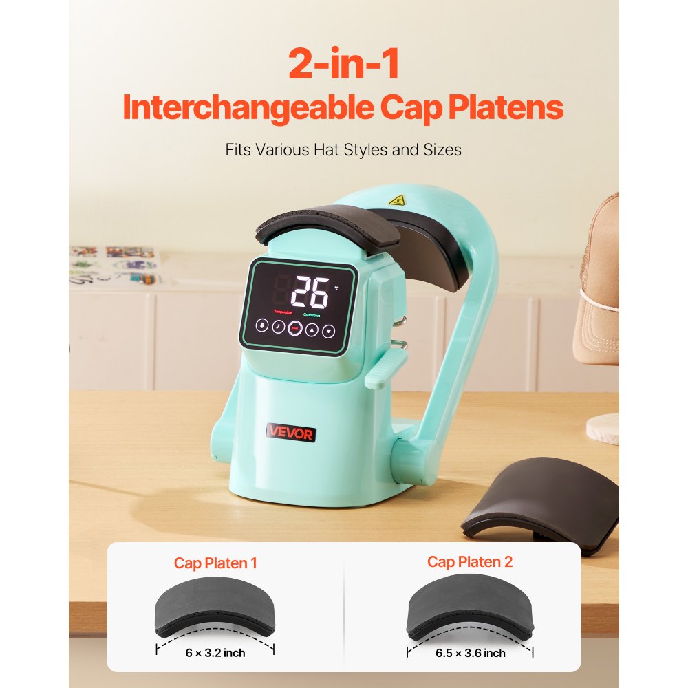 VEVOR Auto Hat Heat Press Machine, with 2pcs Interchangeable Platens, Automatic Open and Release, Touchscreen for Precise Time and Temperature Control, Heat Transfer Printing for Caps, Hats, Green