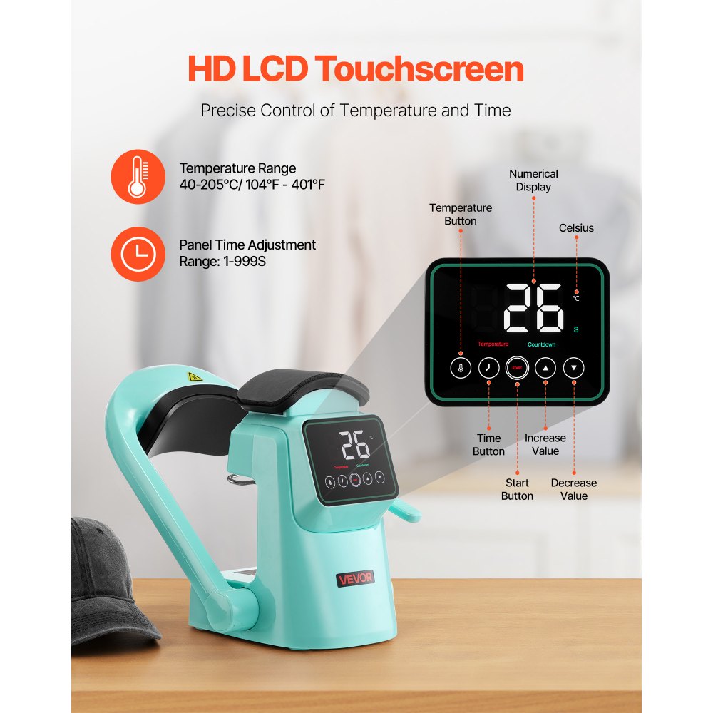 VEVOR Auto Hat Heat Press Machine, with 2pcs Interchangeable Platens, Automatic Open and Release, Touchscreen for Precise Time and Temperature Control, Heat Transfer Printing for Caps, Hats, Green