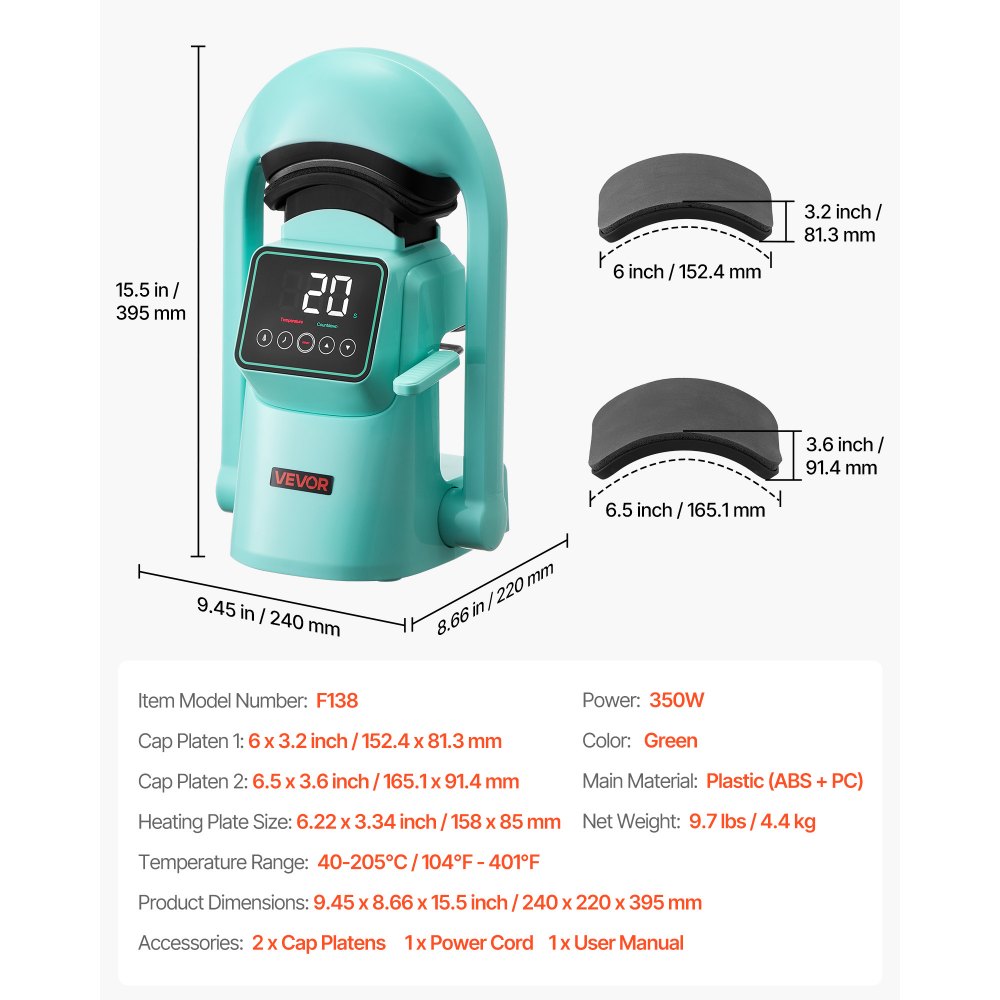 VEVOR Auto Hat Heat Press Machine, with 2pcs Interchangeable Platens, Automatic Open and Release, Touchscreen for Precise Time and Temperature Control, Heat Transfer Printing for Caps, Hats, Green