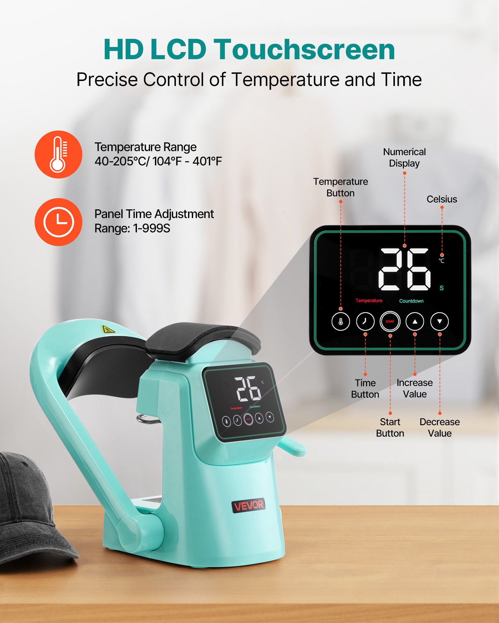 VEVOR Auto Hat Heat Press Machine, with 2pcs Interchangeable Platens, Automatic Open and Release, Touchscreen for Precise Time and Temperature Control, Heat Transfer Printing for Caps, Hats, Green