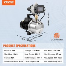 VEVOR Shallow Well Pump Portable Jet Pump w/ Auto Controller 1.5HP 1200GPH 164ft