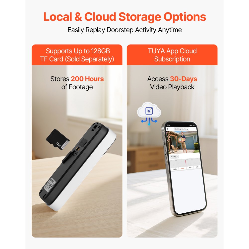VEVOR Video Doorbell, 2K Wireless Camera Ring Doorbell Works with 170° Ultra-Wide View, 2-Way Audio, Motion Detection & Night Vision, Supports Alexei & Google, Cloud Storage, Battery/Wired Powered