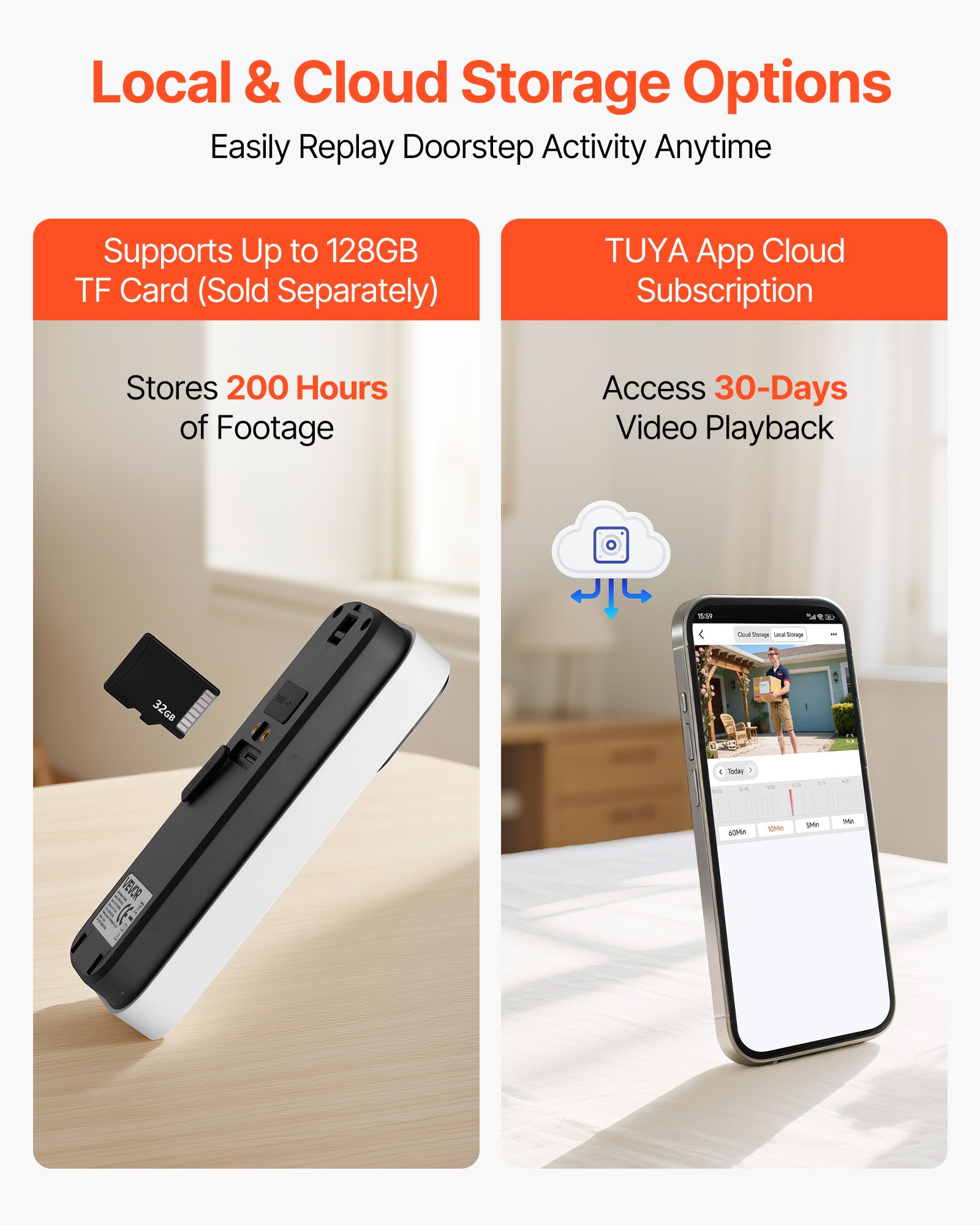 VEVOR Video Doorbell, 2K Wireless Camera Ring Doorbell Works with 170° Ultra-Wide View, 2-Way Audio, Motion Detection & Night Vision, Supports Alexei & Google, Cloud Storage, Battery/Wired Powered