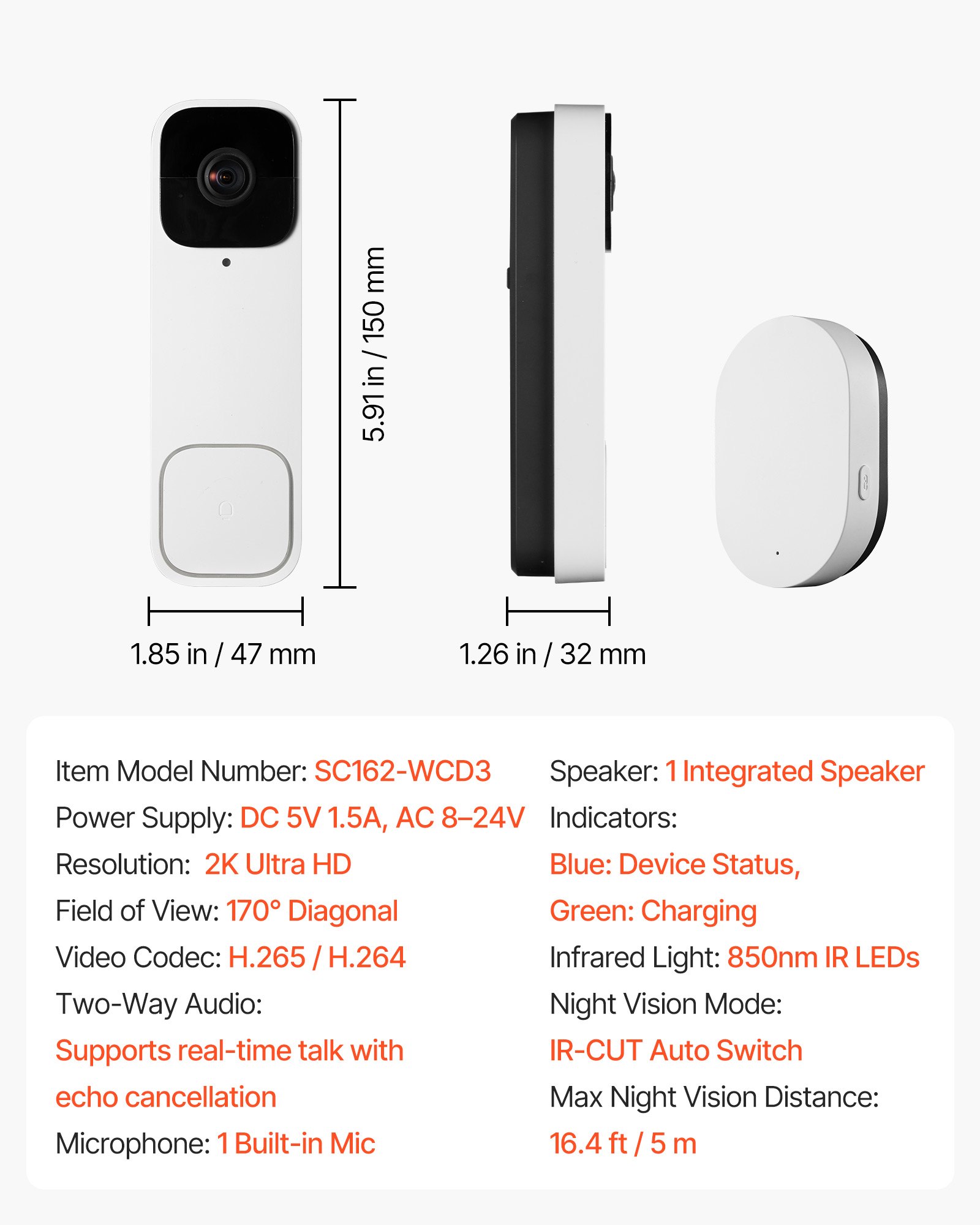 VEVOR Video Doorbell, 2K Wireless Camera Ring Doorbell Works with 170° Ultra-Wide View, 2-Way Audio, Motion Detection & Night Vision, Supports Alexei & Google, Cloud Storage, Battery/Wired Powered