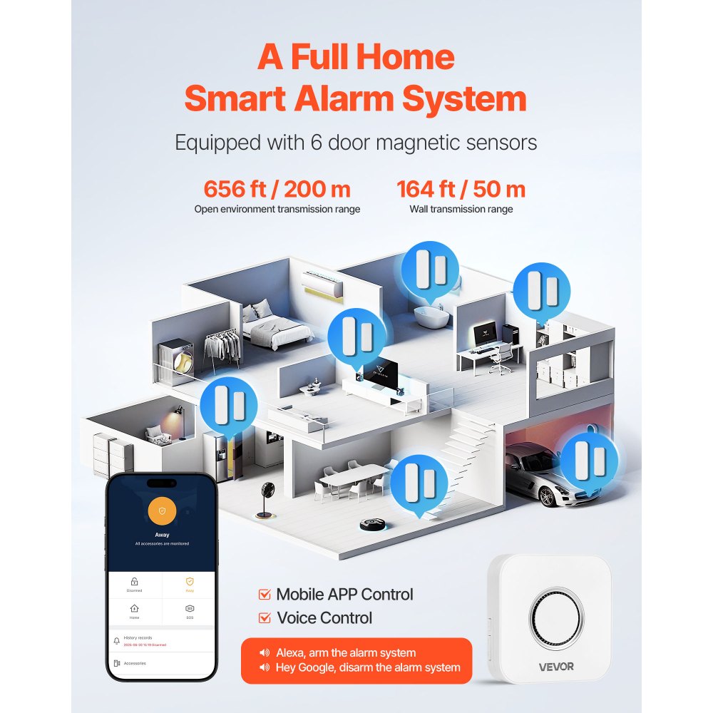VEVOR Door Chime, DC 12V, Wireless Door Open Contact Sensor Alarm Chime with 656 ft Range, Remote Control with App, Doors Ringer Alert for Business, Store, Home, Office (6 Sensors + 1 Receiver)