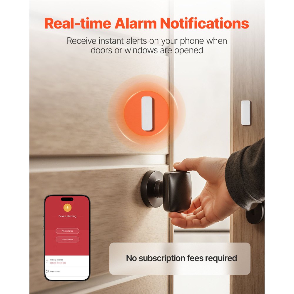 VEVOR Door Chime, DC 12V, Wireless Door Open Contact Sensor Alarm Chime with 656 ft Range, Remote Control with App, Doors Ringer Alert for Business, Store, Home, Office (6 Sensors + 1 Receiver)