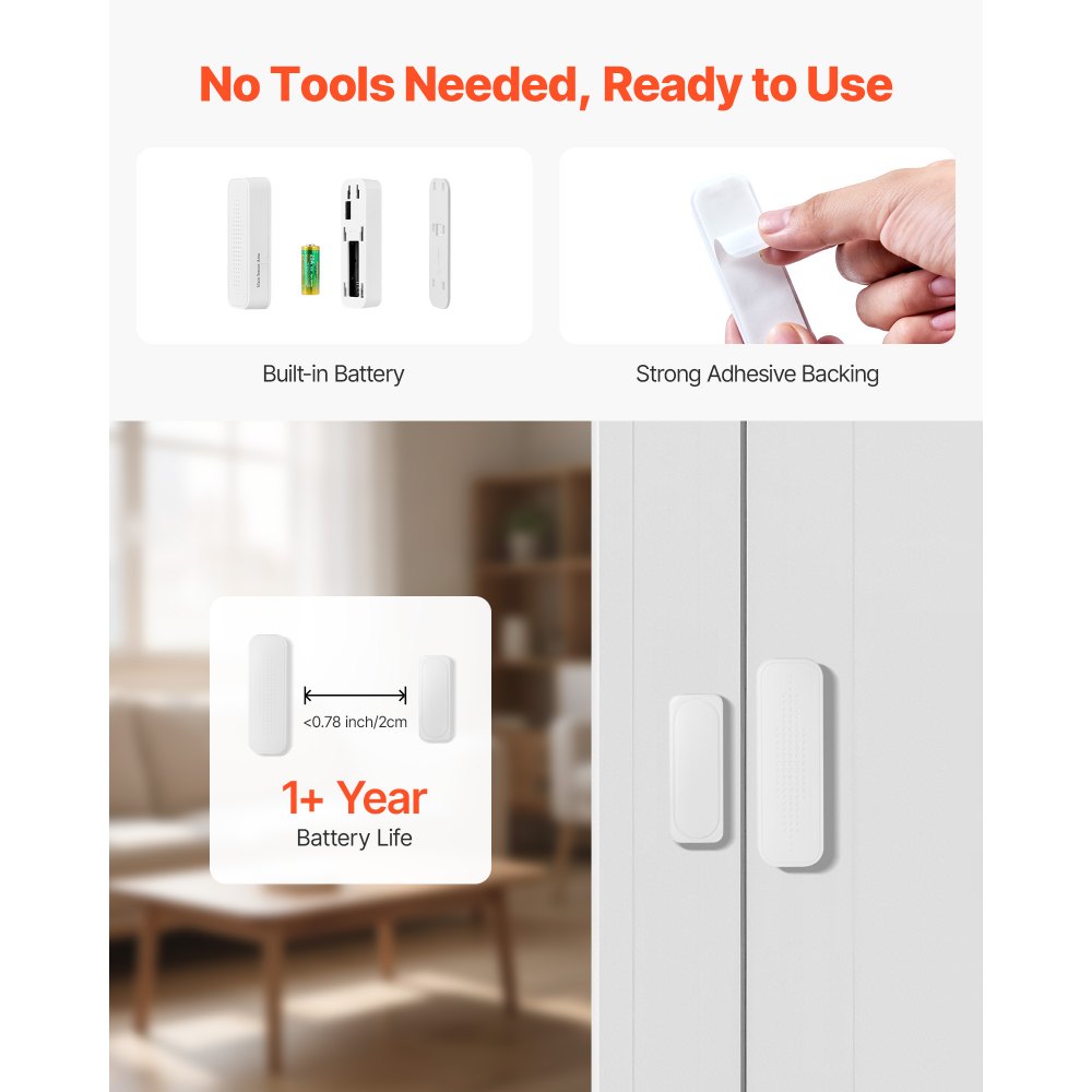 VEVOR Door Chime, DC 12V, Wireless Door Open Contact Sensor Alarm Chime with 656 ft Range, Remote Control with App, Doors Ringer Alert for Business, Store, Home, Office (6 Sensors + 1 Receiver)
