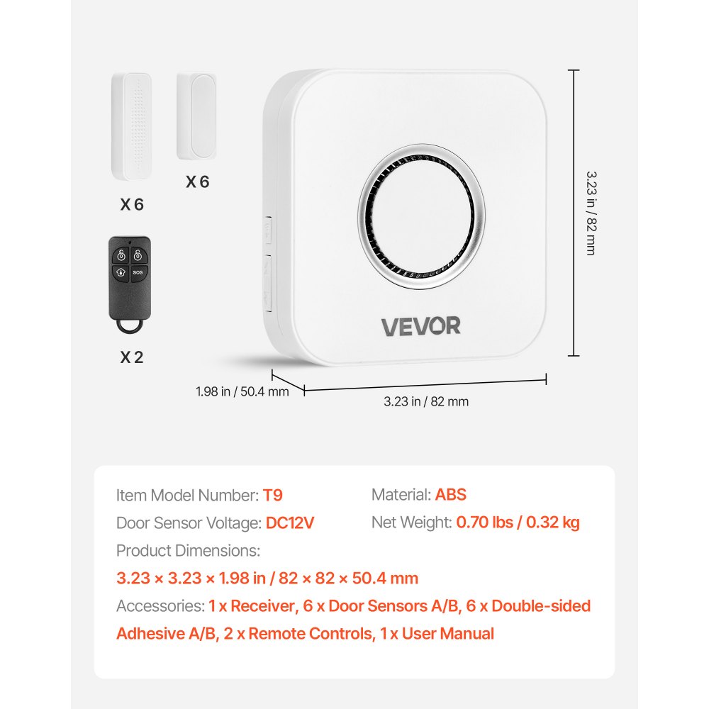 VEVOR Door Chime, DC 12V, Wireless Door Open Contact Sensor Alarm Chime with 656 ft Range, Remote Control with App, Doors Ringer Alert for Business, Store, Home, Office (6 Sensors + 1 Receiver)
