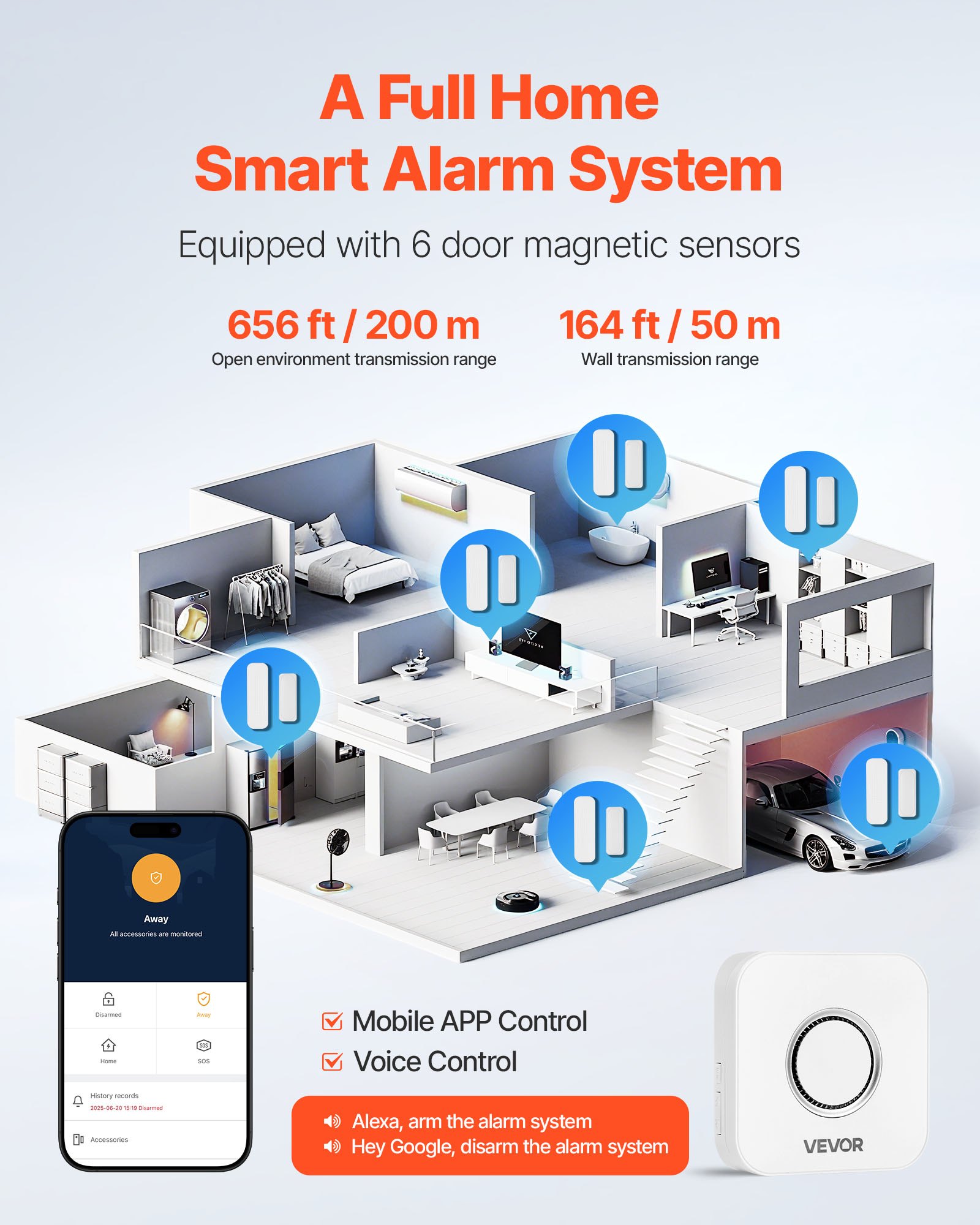 VEVOR Door Chime, DC 12V, Wireless Door Open Contact Sensor Alarm Chime with 656 ft Range, Remote Control with App, Doors Ringer Alert for Business, Store, Home, Office (6 Sensors + 1 Receiver)