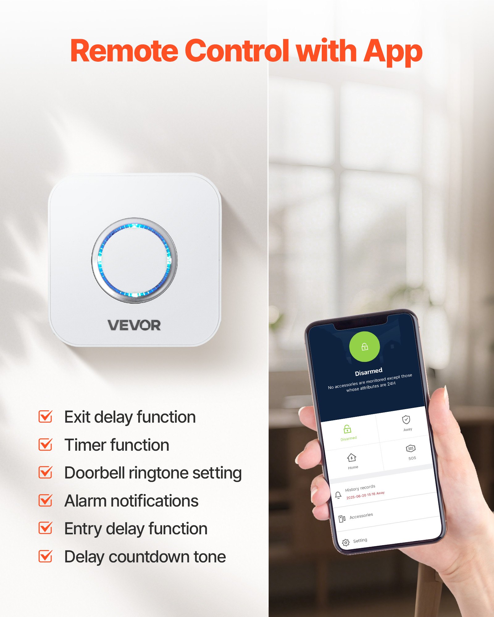 VEVOR Door Chime, DC 12V, Wireless Door Open Contact Sensor Alarm Chime with 656 ft Range, Remote Control with App, Doors Ringer Alert for Business, Store, Home, Office (6 Sensors + 1 Receiver)