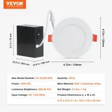 VEVOR 10W LED Recessed Ceiling Light, 4 Pack Ultra Thin 900LM Canless Ceiling Wafer Light, Dimmable Canless Wafer Downlight, Pot Lights, Energy Efficient Recessed Lighting for Home, café, Office, FCC
