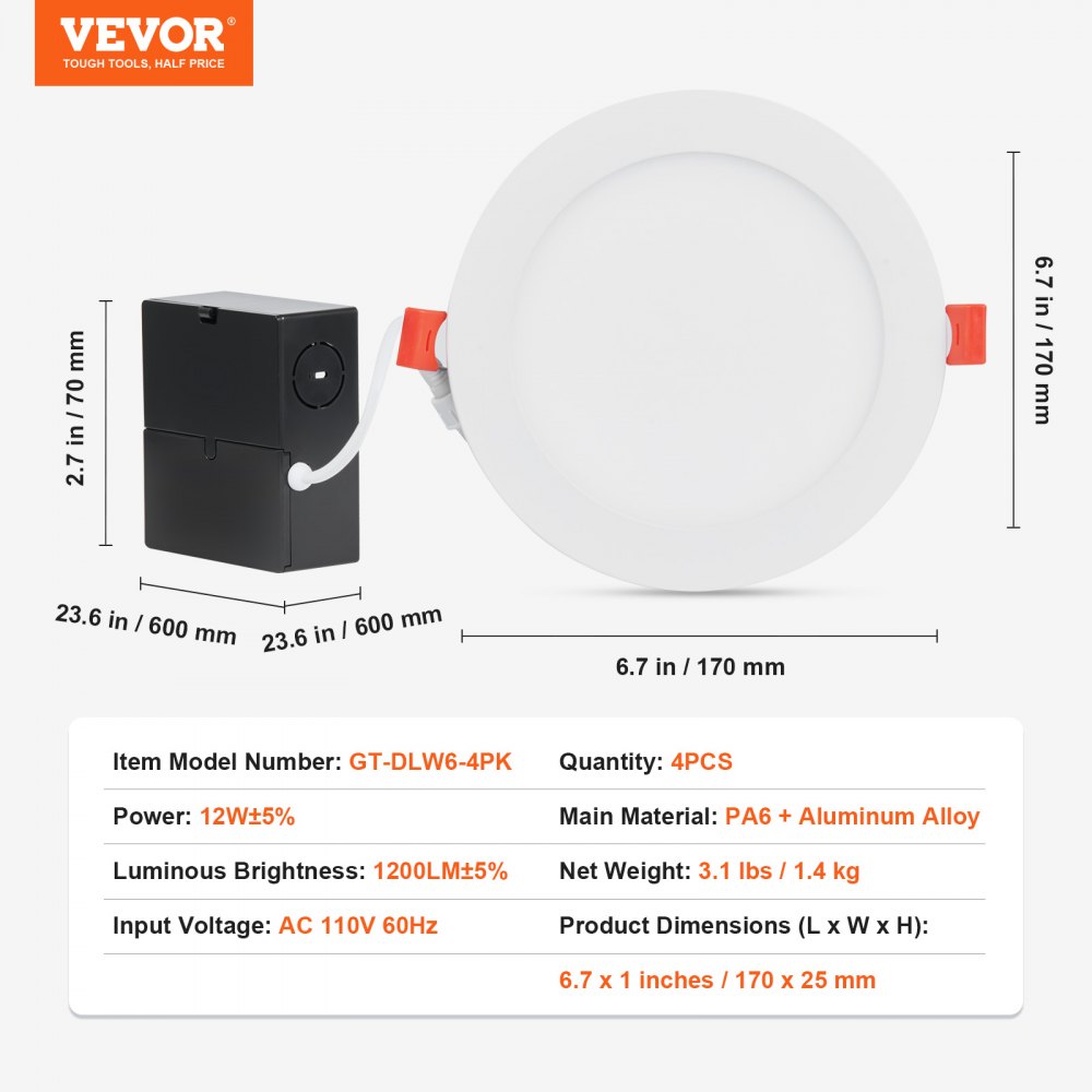 VEVOR LED Recessed Ceiling Light, 4 Pack Ultra Thin 1200LM Canless Ceiling Wafer Light, Dimmable Canless Wafer Downlight, Pot Lights, Energy Efficient Recessed Lighting for Home, café, Office, FCC