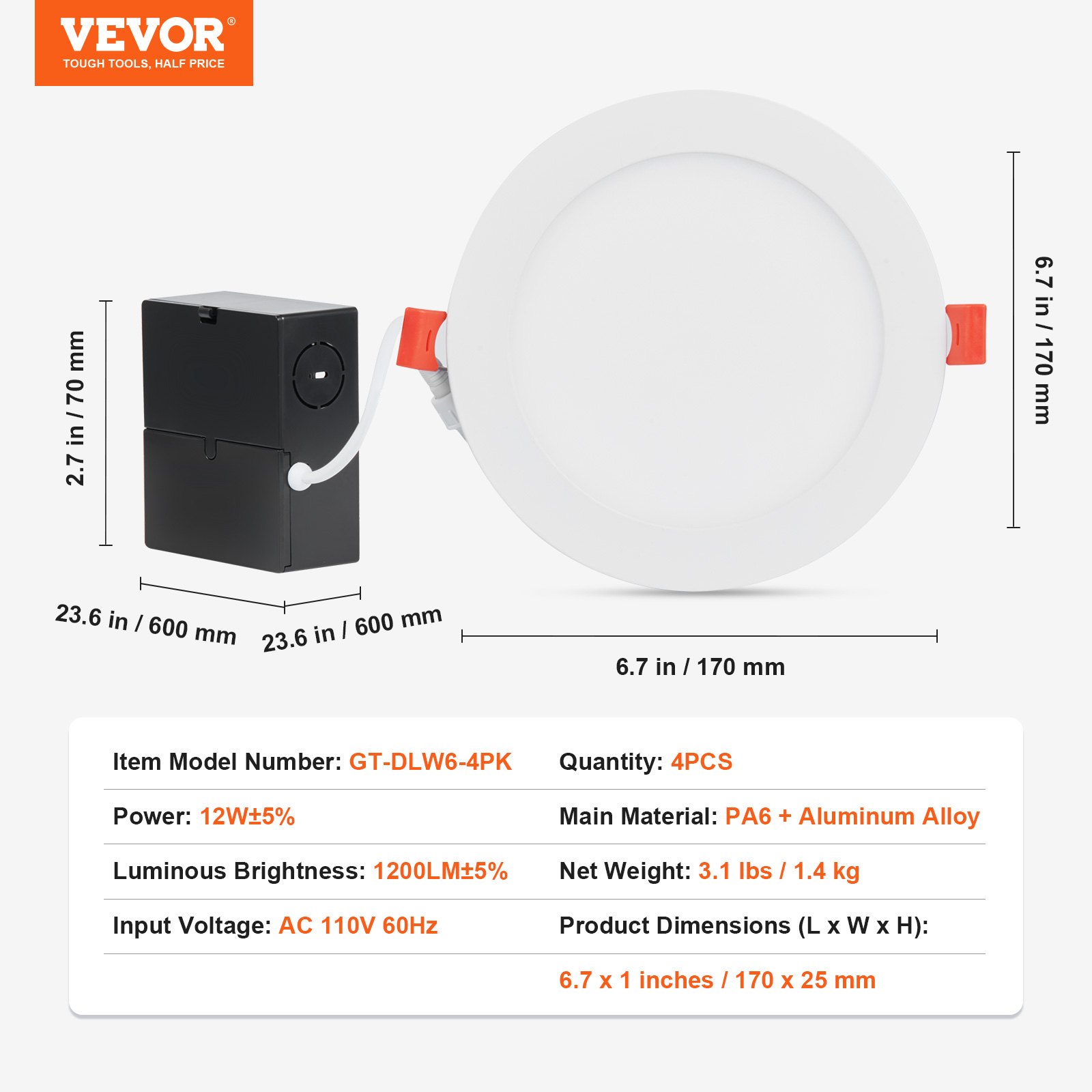 VEVOR LED Recessed Ceiling Light, 4 Pack Ultra Thin 1200LM Canless Ceiling Wafer Light, Dimmable Canless Wafer Downlight, Pot Lights, Energy Efficient Recessed Lighting for Home, café, Office, FCC