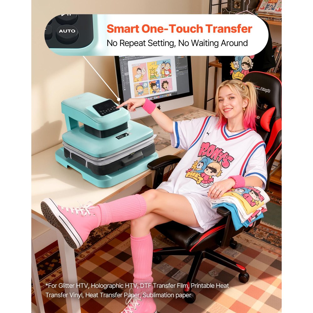 VEVOR Auto Heat Press Machine 15 x 15 inch T-Shirt Press Machine Green, Auto Release and Adjustable Pressure, Digital Display, Rapid and Even Heating, for Sublimation, Vinyl, Heat Transfer Projects