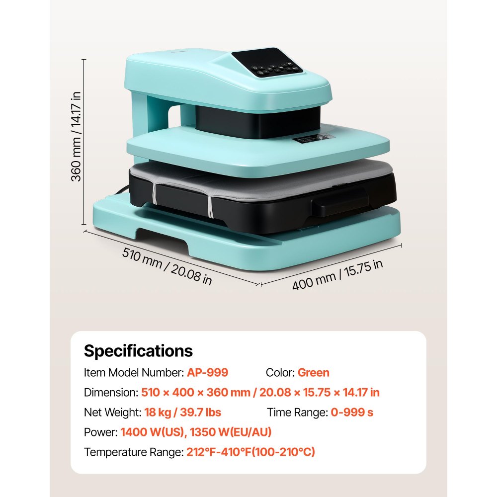 VEVOR Auto Heat Press Machine 15 x 15 inch T-Shirt Press Machine Green, Auto Release and Adjustable Pressure, Digital Display, Rapid and Even Heating, for Sublimation, Vinyl, Heat Transfer Projects