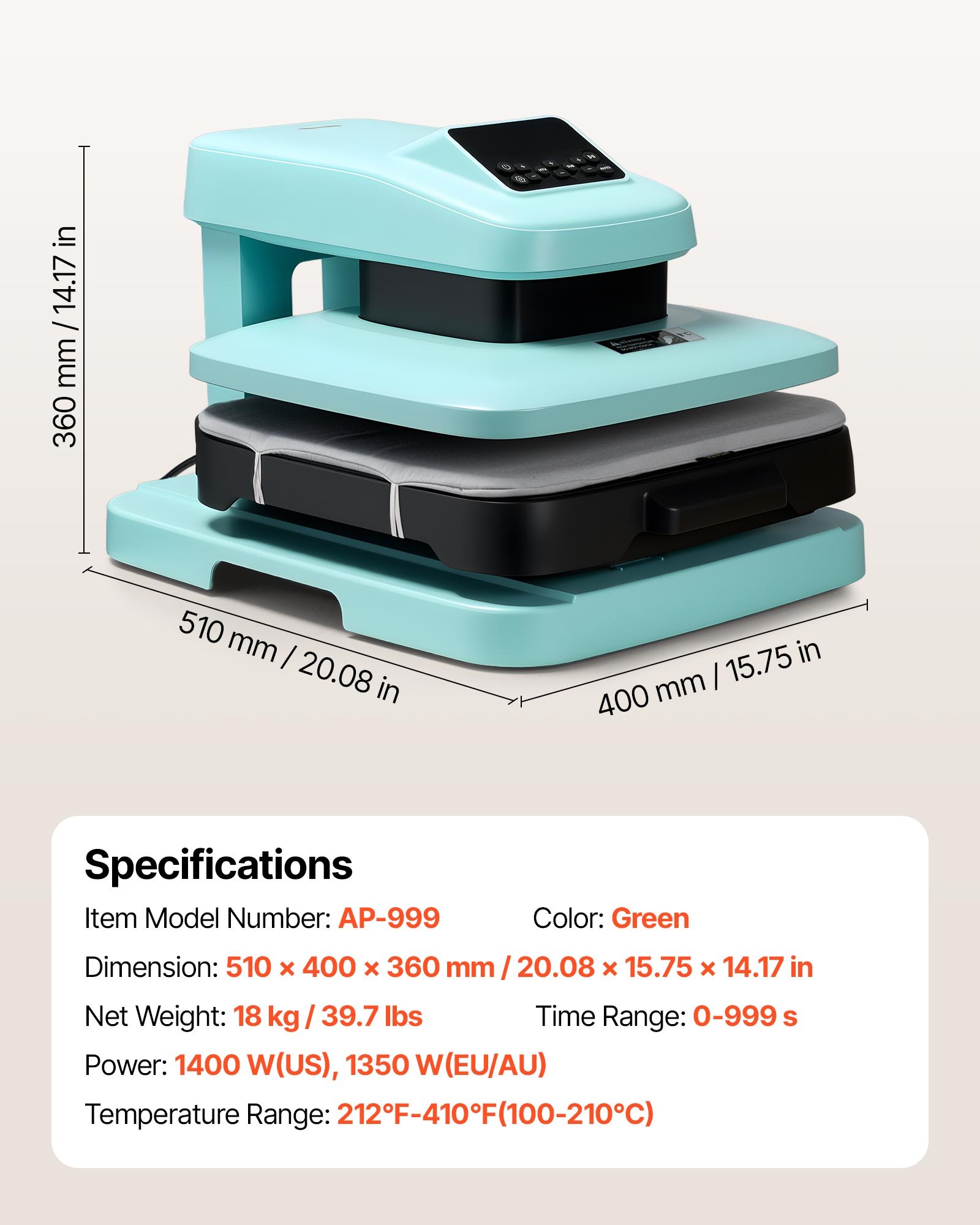 VEVOR Auto Heat Press Machine 15 x 15 inch T-Shirt Press Machine Green, Auto Release and Adjustable Pressure, Digital Display, Rapid and Even Heating, for Sublimation, Vinyl, Heat Transfer Projects