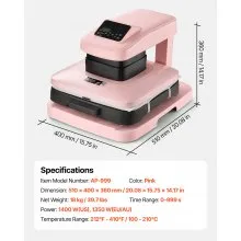 VEVOR Auto Heat Press Machine T-Shirt Press Machine 15 x 15 in Heat Plate Pink
