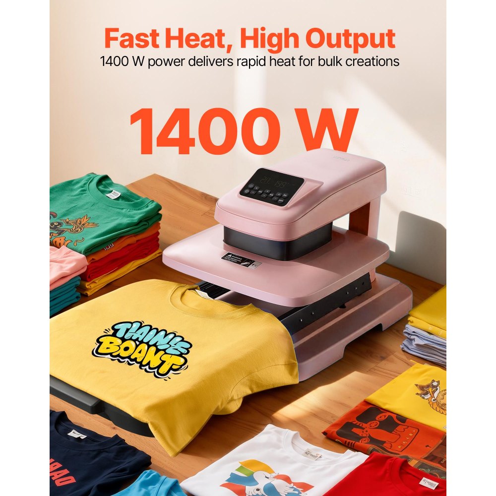 VEVOR Auto Heat Press Machine 15 x 15 inch T-Shirt Press Machine Pink, Auto Release and Adjustable Pressure, Digital Display, Rapid and Even Heating, for Sublimation, Vinyl, Heat Transfer Projects