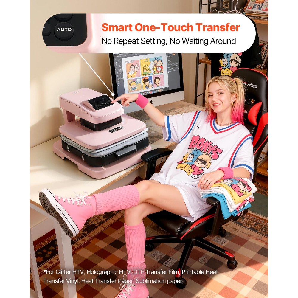 VEVOR Auto Heat Press Machine 15 x 15 inch T-Shirt Press Machine Pink, Auto Release and Adjustable Pressure, Digital Display, Rapid and Even Heating, for Sublimation, Vinyl, Heat Transfer Projects