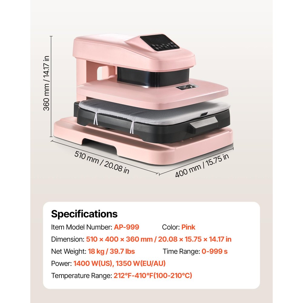 VEVOR Auto Heat Press Machine 15 x 15 inch T-Shirt Press Machine Pink, Auto Release and Adjustable Pressure, Digital Display, Rapid and Even Heating, for Sublimation, Vinyl, Heat Transfer Projects