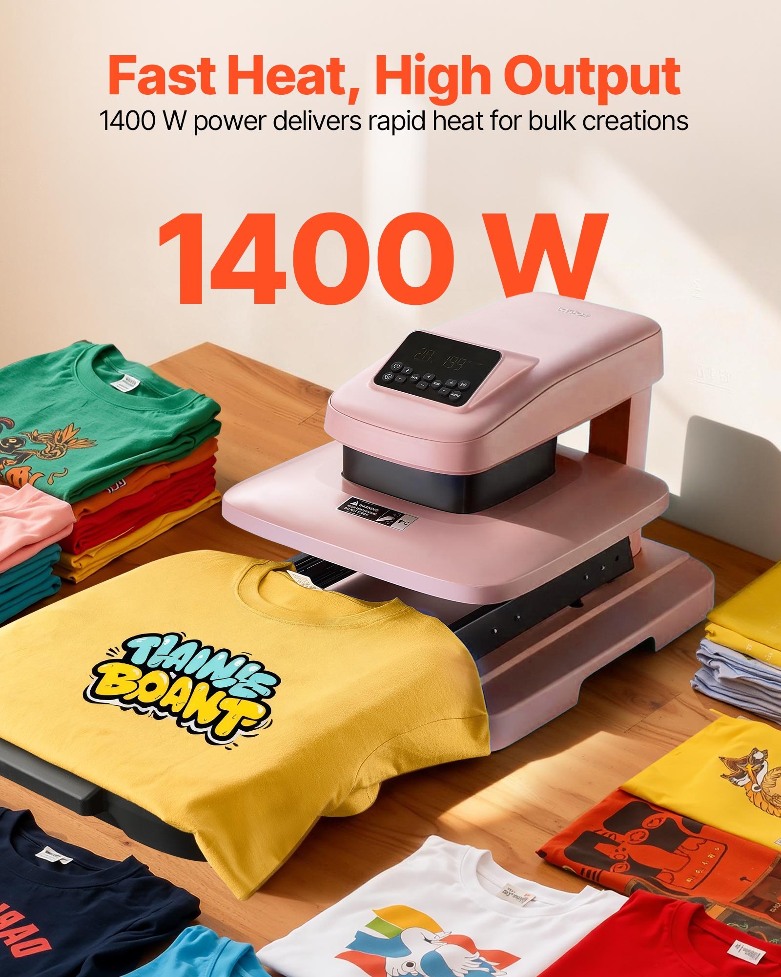 VEVOR Auto Heat Press Machine 15 x 15 inch T-Shirt Press Machine Pink, Auto Release and Adjustable Pressure, Digital Display, Rapid and Even Heating, for Sublimation, Vinyl, Heat Transfer Projects