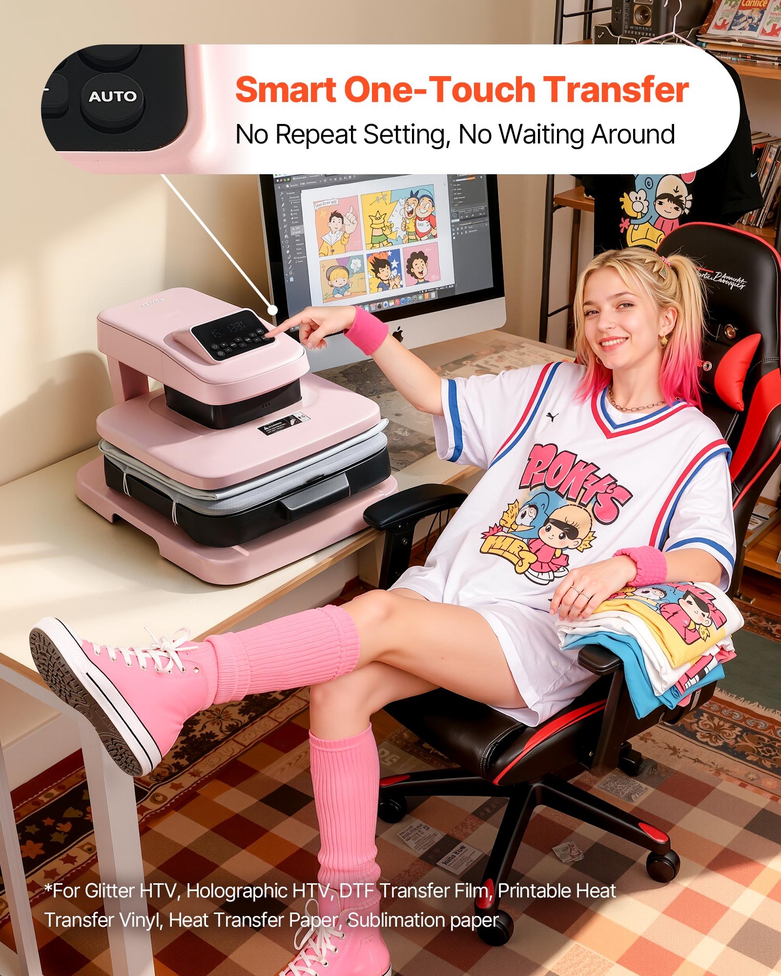VEVOR Auto Heat Press Machine 15 x 15 inch T-Shirt Press Machine Pink, Auto Release and Adjustable Pressure, Digital Display, Rapid and Even Heating, for Sublimation, Vinyl, Heat Transfer Projects