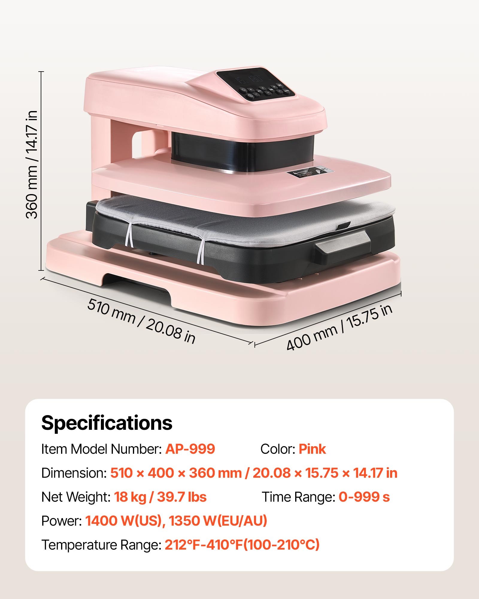 VEVOR Auto Heat Press Machine 15 x 15 inch T-Shirt Press Machine Pink, Auto Release and Adjustable Pressure, Digital Display, Rapid and Even Heating, for Sublimation, Vinyl, Heat Transfer Projects