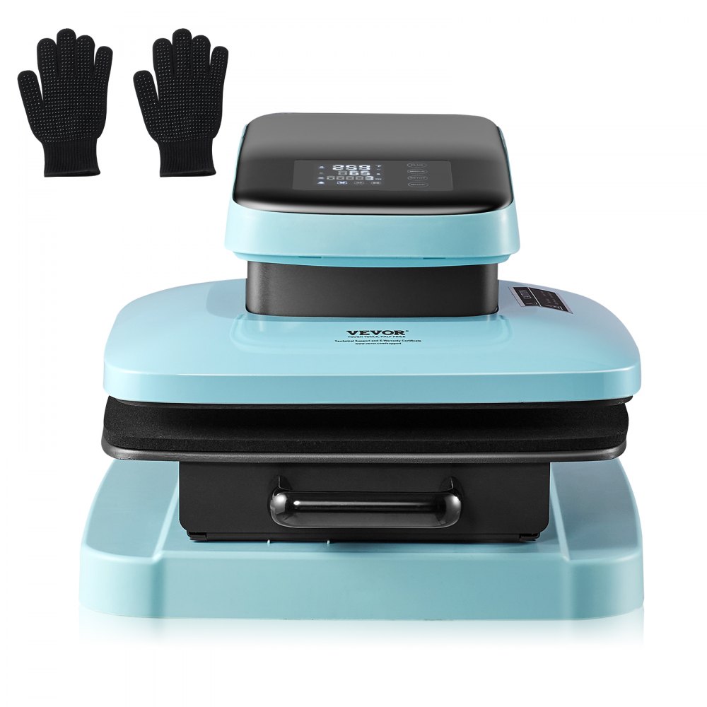 VEVOR auto heat press machine with dual black heat-resistant gloves, digital display, and turquoise body.