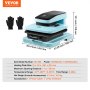 VEVOR auto heat press machine in blue with dimensions and accessory details, including a pair of gloves.