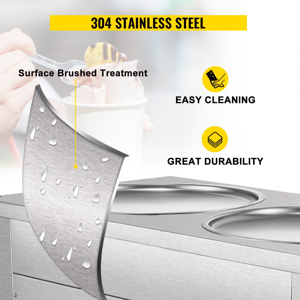 Máquina comercial para hacer rollitos de hielo VEVOR, con dos bandejas redondas de 45 cm, para saltear rollitos de hielo, de acero inoxidable de 1800 W, ideal para preparar yogur, crema y para bares, cafeterías y postres.