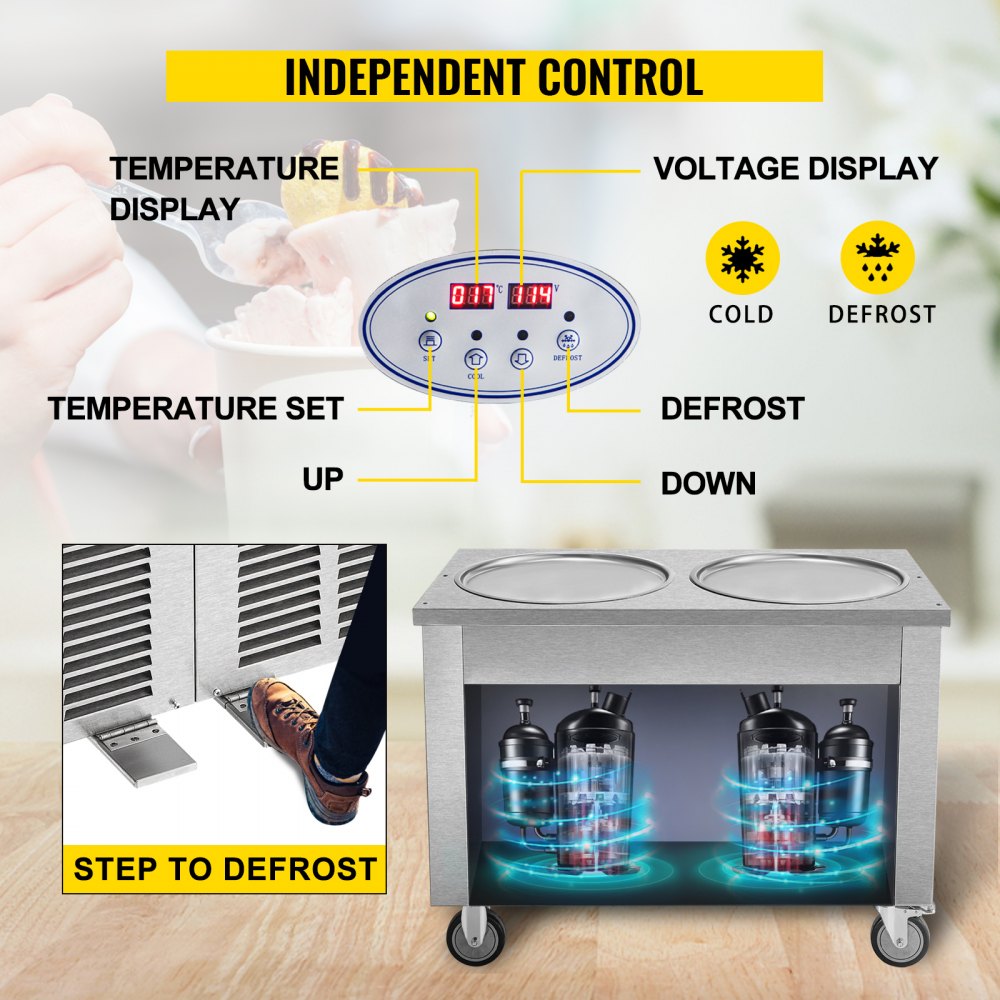Máquina comercial para hacer rollitos de hielo VEVOR, con dos bandejas redondas de 45 cm, para saltear rollitos de hielo, de acero inoxidable de 1800 W, ideal para preparar yogur, crema y para bares, cafeterías y postres.