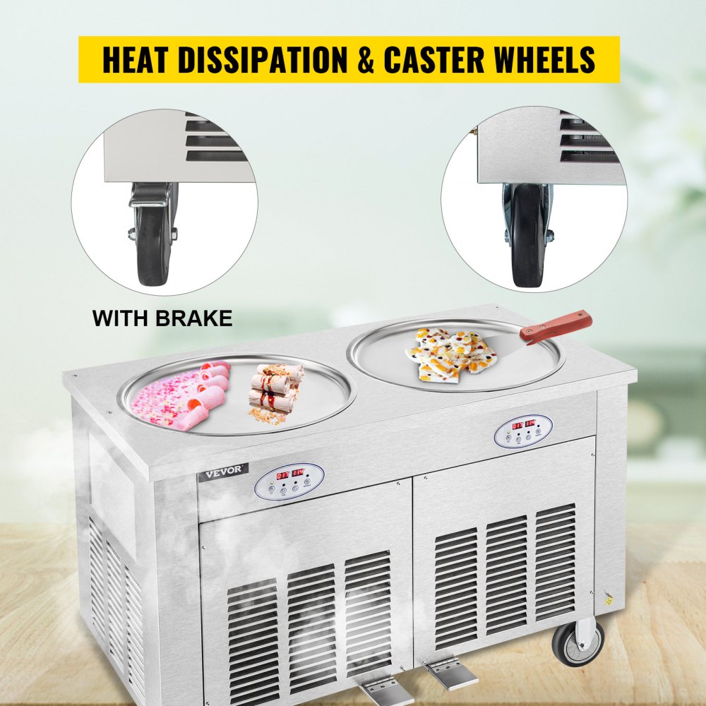 Máquina comercial para hacer rollitos de hielo VEVOR, con dos bandejas redondas de 45 cm, para saltear rollitos de hielo, de acero inoxidable de 1800 W, ideal para preparar yogur, crema y para bares, cafeterías y postres.