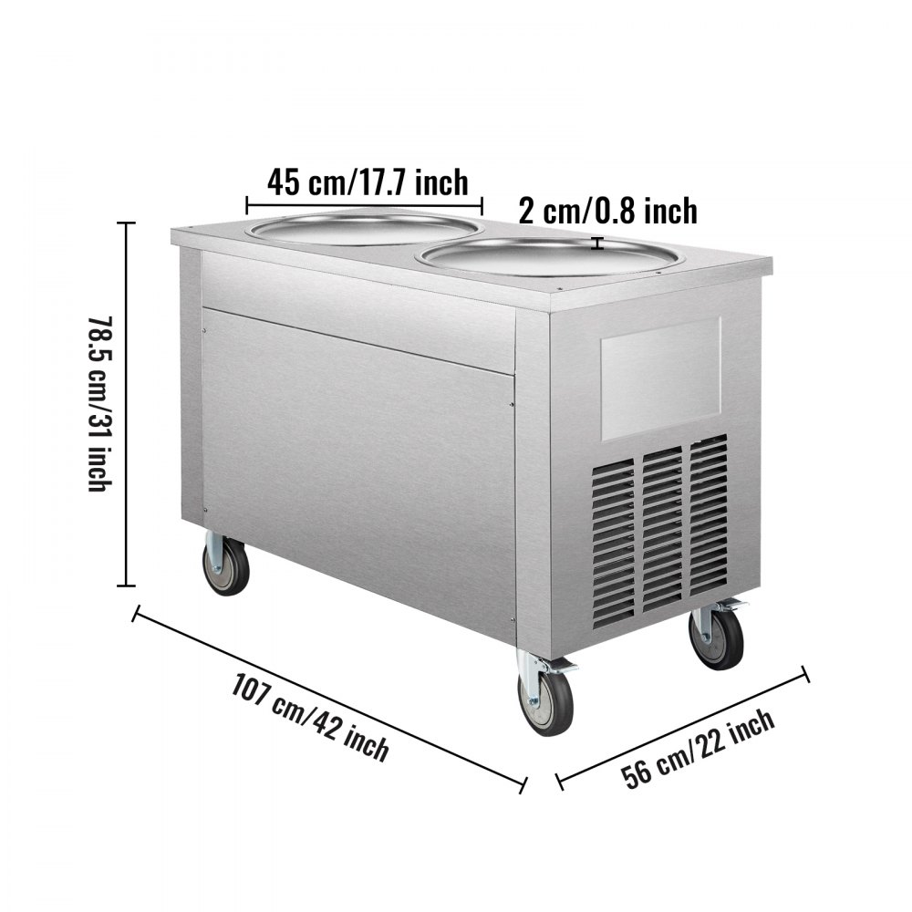 Máquina comercial para hacer rollitos de hielo VEVOR, con dos bandejas redondas de 45 cm, para saltear rollitos de hielo, de acero inoxidable de 1800 W, ideal para preparar yogur, crema y para bares, cafeterías y postres.