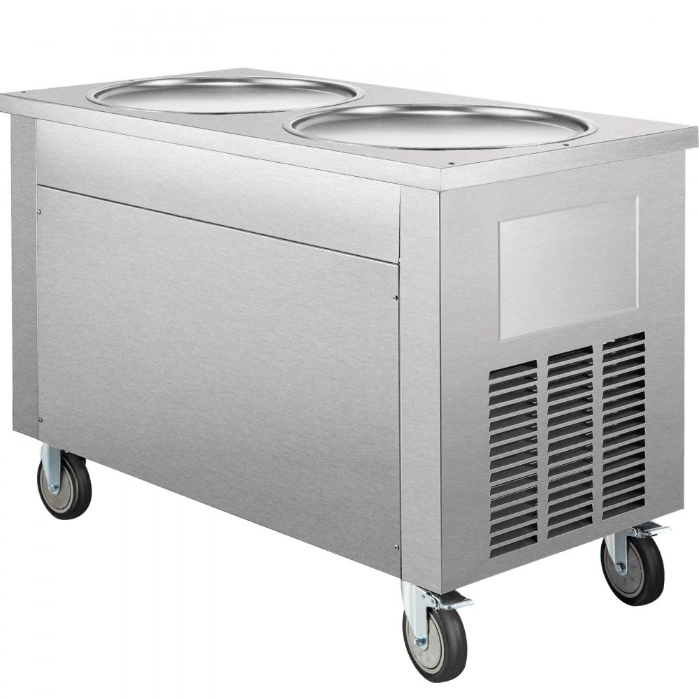 Máquina comercial para hacer rollitos de hielo VEVOR, con dos bandejas redondas de 45 cm, para saltear rollitos de hielo, de acero inoxidable de 1800 W, ideal para preparar yogur, crema y para bares, cafeterías y postres.