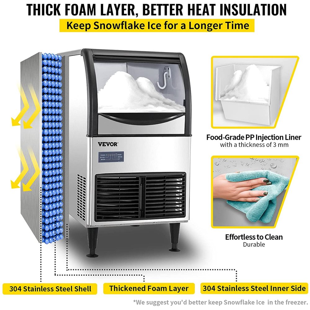 VEVOR 110V Commercial Flake Ice Machine 132LBS/24H, Snowflake Maker with 66LBS Ice Storage, Stainless Steel Construction, Quiet Operation, Auto Clean, Air Cooling, Professional Refrigeration Equipment