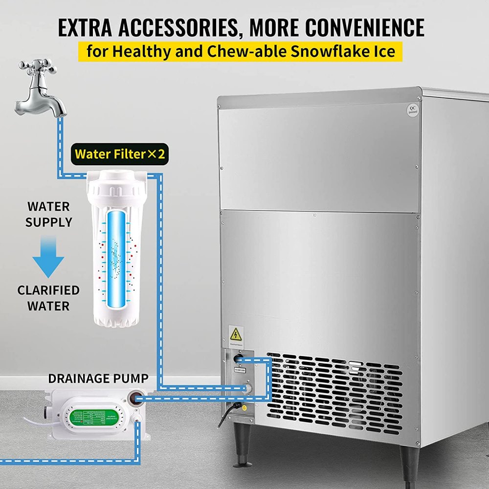 VEVOR 110V Commercial Flake Ice Machine 132LBS/24H, Snowflake Maker with 66LBS Ice Storage, Stainless Steel Construction, Quiet Operation, Auto Clean, Air Cooling, Professional Refrigeration Equipment