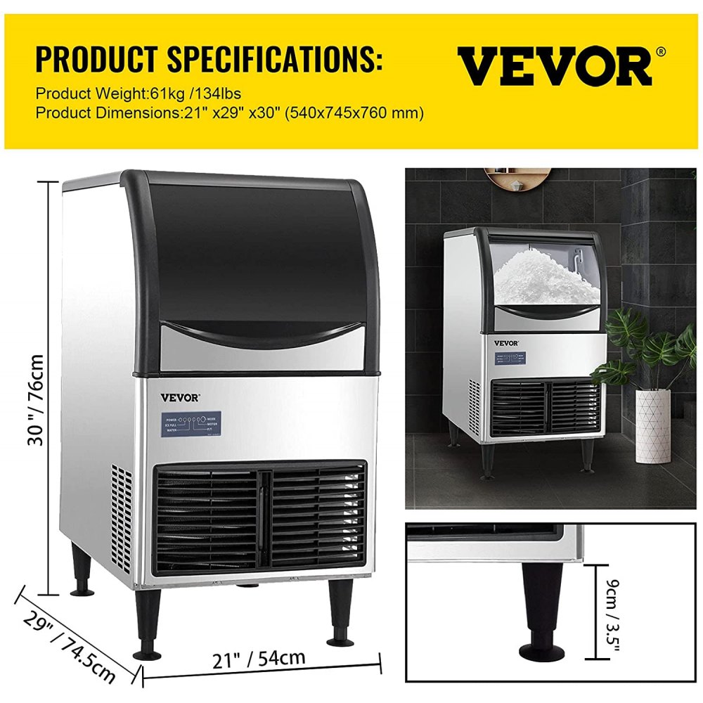 VEVOR 110V Commercial Flake Ice Machine 132LBS/24H, Snowflake Maker with 66LBS Ice Storage, Stainless Steel Construction, Quiet Operation, Auto Clean, Air Cooling, Professional Refrigeration Equipment