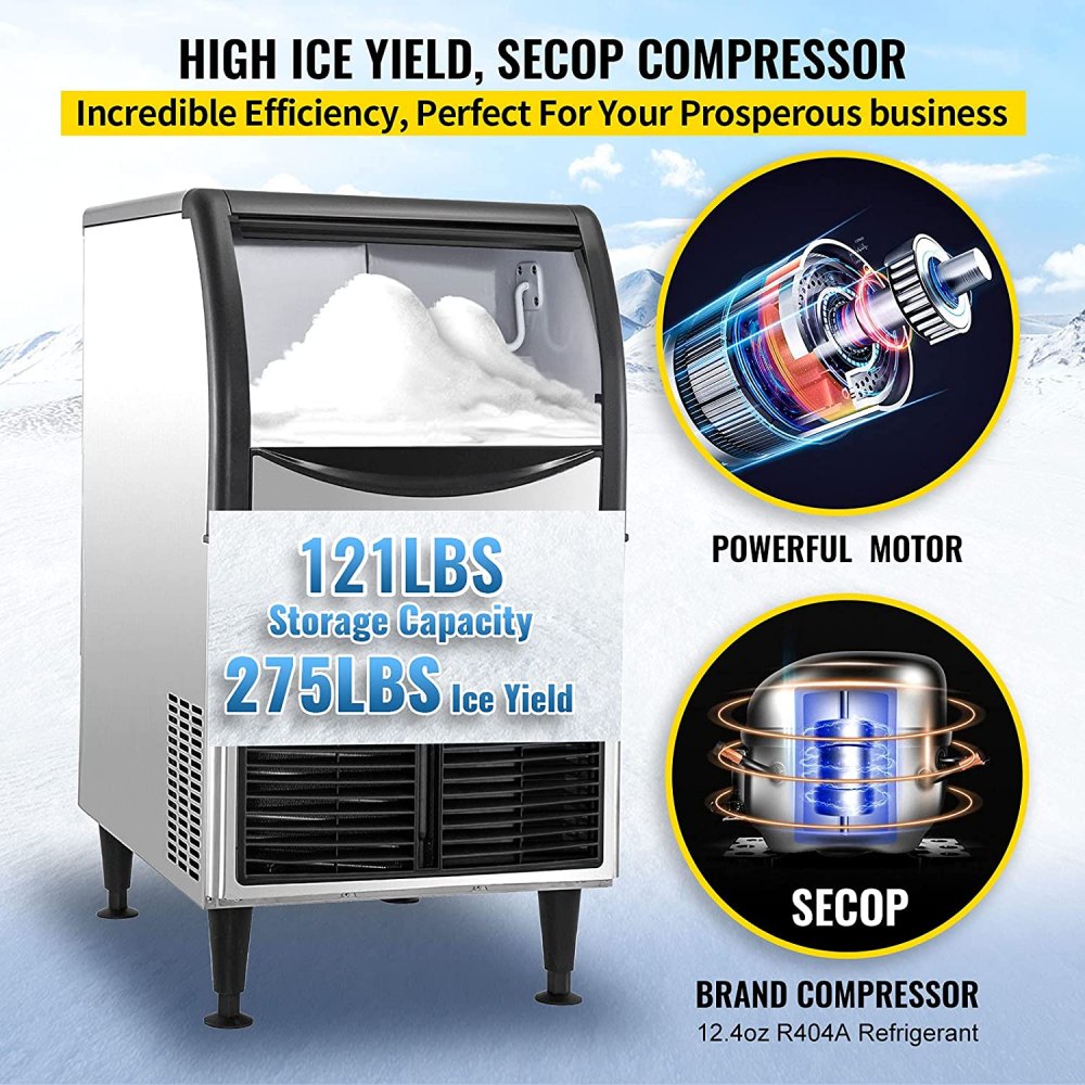 VEVOR 110V Commercial Ice Machine 220LBS/24H, Snow Flake Maker with 122LBS Ice Storage, Stainless Steel Construction, Quiet Operation, Auto Clean, Air Cooling, Professional Refrigeration Equipment