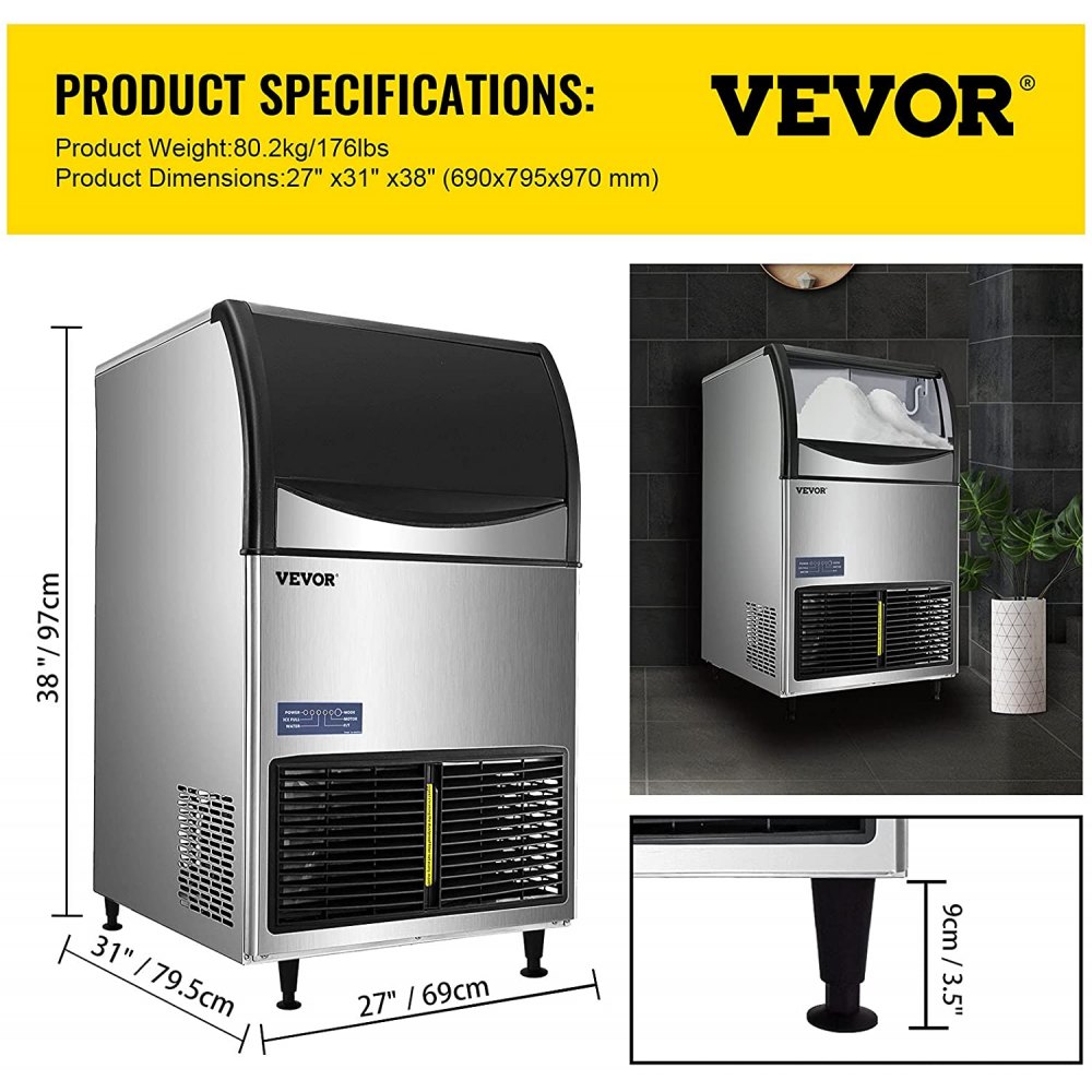 VEVOR 110V Commercial Ice Machine 220LBS/24H, Snow Flake Maker with 122LBS Ice Storage, Stainless Steel Construction, Quiet Operation, Auto Clean, Air Cooling, Professional Refrigeration Equipment