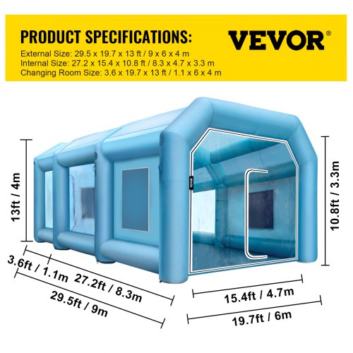 VEVOR Inflatable Paint Booth 29.5x19.7x13 ft Spray Paint Booth, Powerful 1100W+350W Blowers Inflatable Spray Booth with Air Filter System, Car Paint Booth for Car Parking Tent Workstation