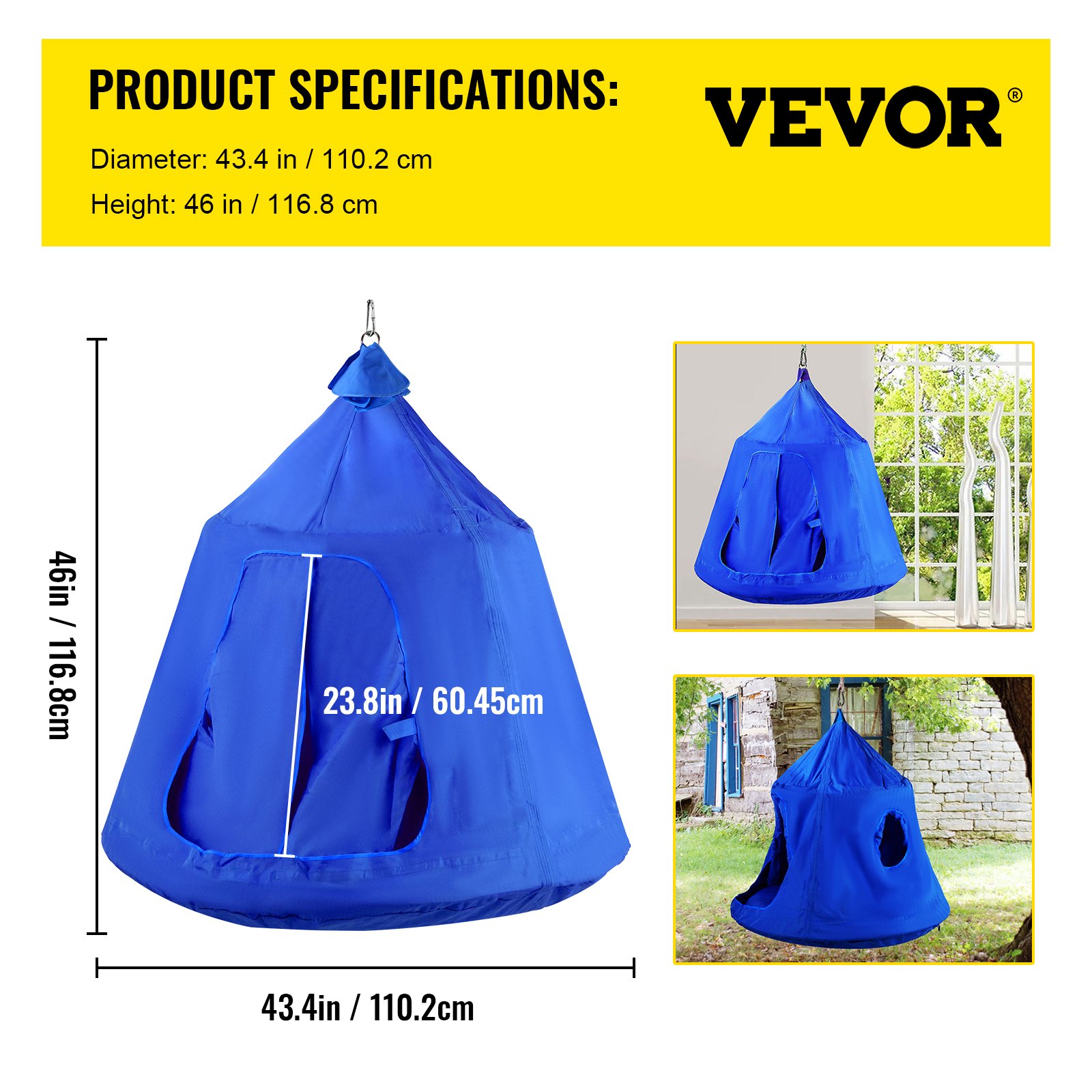 VEVOR Hanging Tree Tent, Max. 440lbs Capacity Tree Tent Swing, Hangout Hugglepod with LED Rainbow Decoration Lights Inflatable Cushion, Ceiling Hammock Tent Suit for Kids & Adult Indoor Outdoor, Blue