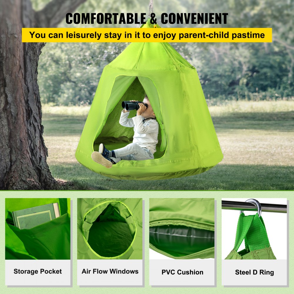 VEVOR Hanging Tree Tent, Max.440lbs Capacity Tree Tent Swing, Hangout Hugglepod with LED Rainbow Decoration Light Inflatable Cushion, Ceiling Hammock Tent Suit for Kids & Adult Indoor Outdoor Green