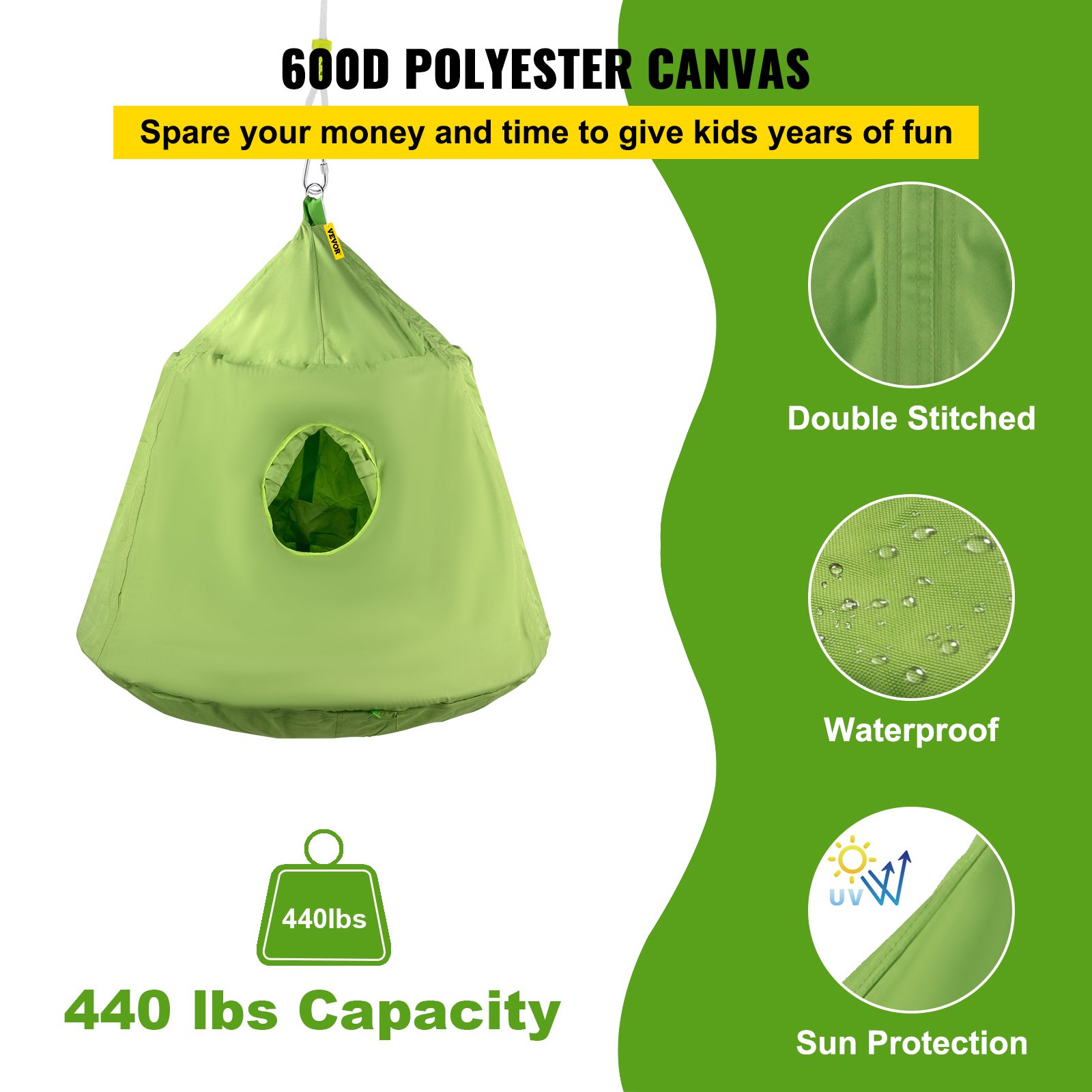 VEVOR Hanging Tree Tent, Max.440lbs Capacity Tree Tent Swing, Hangout Hugglepod with LED Rainbow Decoration Light Inflatable Cushion, Ceiling Hammock Tent Suit for Kids & Adult Indoor Outdoor Green